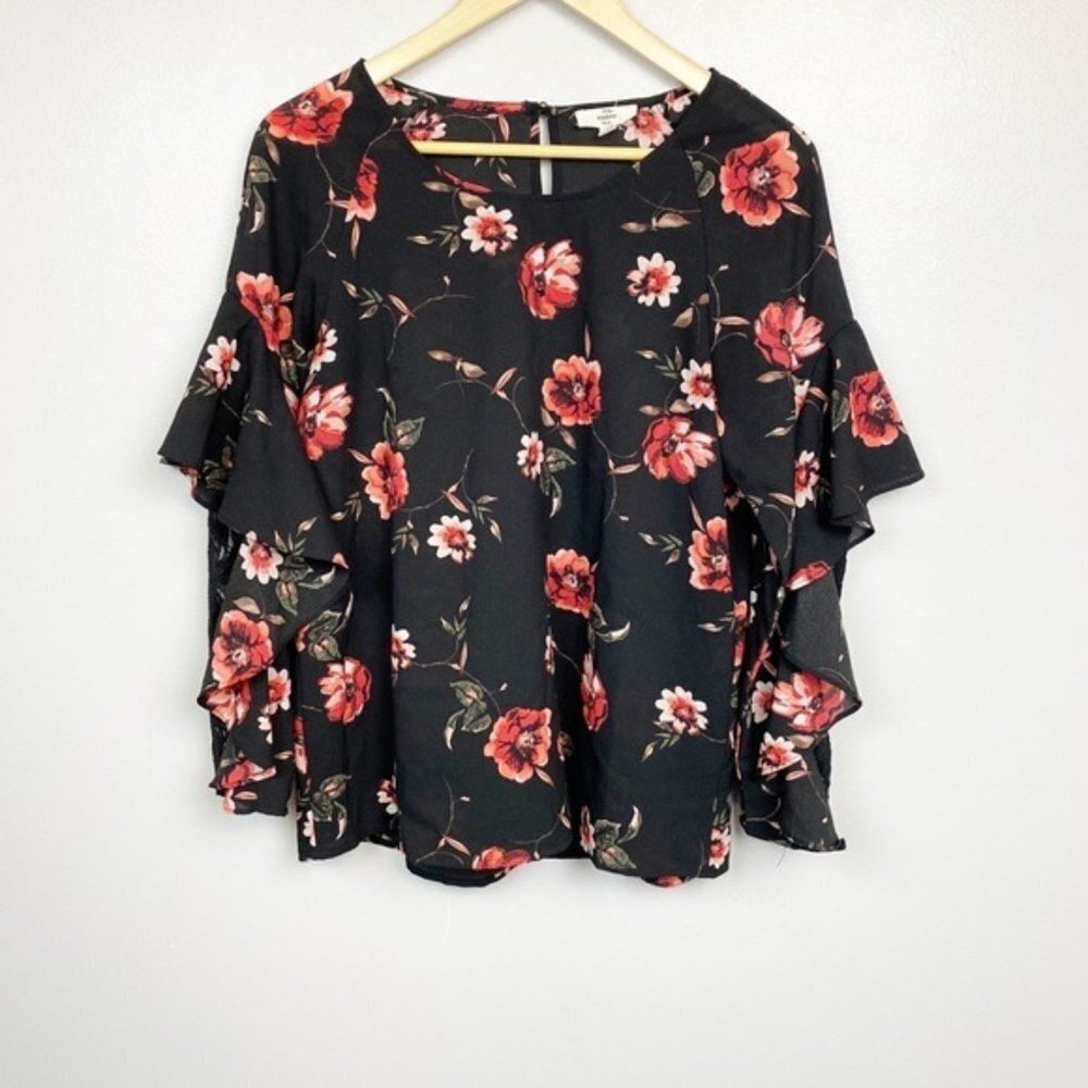 Entro Black Floral Ruffle Sleeve Blouse